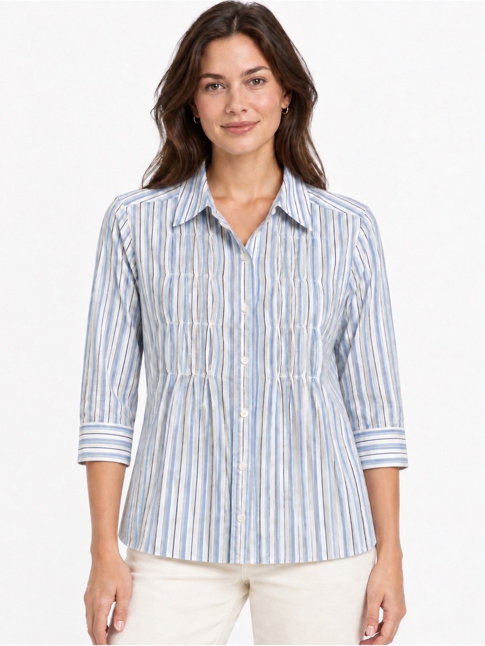 Vince Y2K Blue White Striped Pintuck Button Down Blouse Shirt Size 6 Cotton EUC